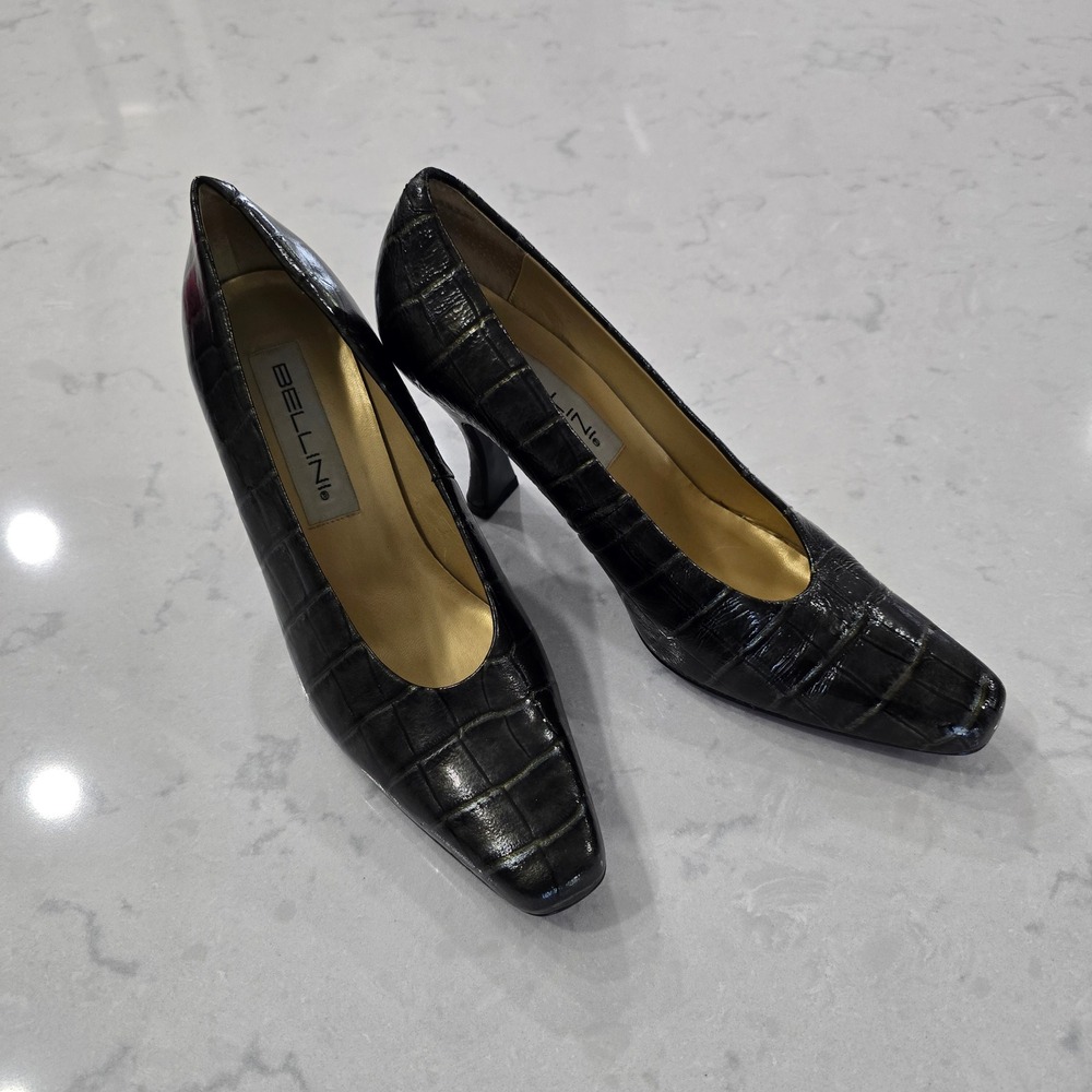 Bellini Womens Croc Embossed Square Toe Pumps Green Grey Flared Heel Shoes